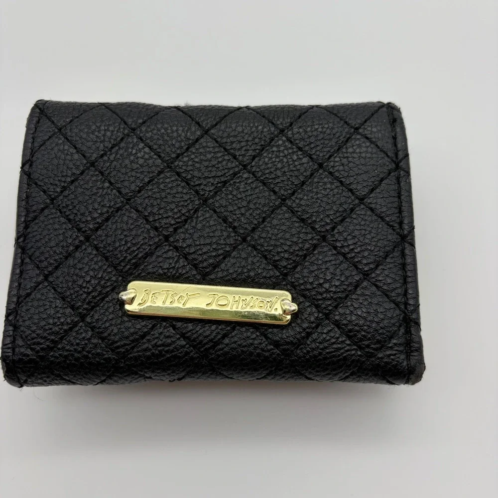 Betsey Johnson Black Quilted Trifold Wallet Bow Heart Gold Metallic Interior